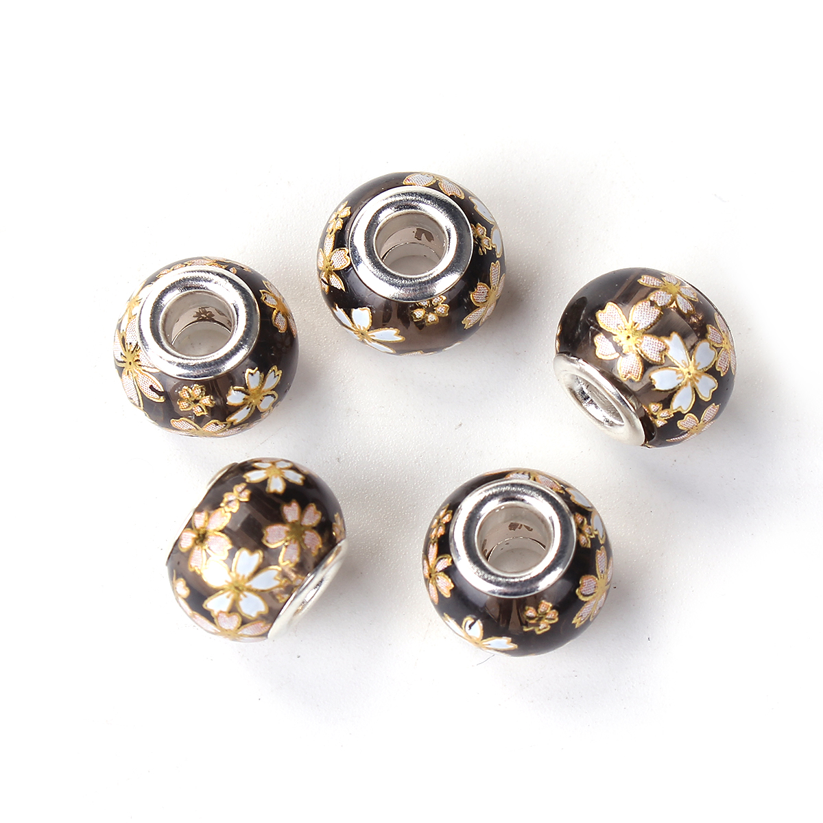 Picture of Glass Japan Painting Vintage Japanese Tensha European Style Large Hole Charm Beads Round Silver Plated Sakura Flower Black Transparent About 14mm( 4/8") Dia, Hole: Approx 4.7mm, 5 PCs