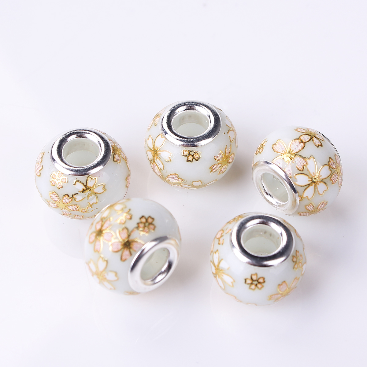 Picture of Glass Japan Painting Vintage Japanese Tensha European Style Large Hole Charm Beads Round Silver Plated Sakura Flower White About 14mm( 4/8") Dia, Hole: Approx 4.7mm, 5 PCs