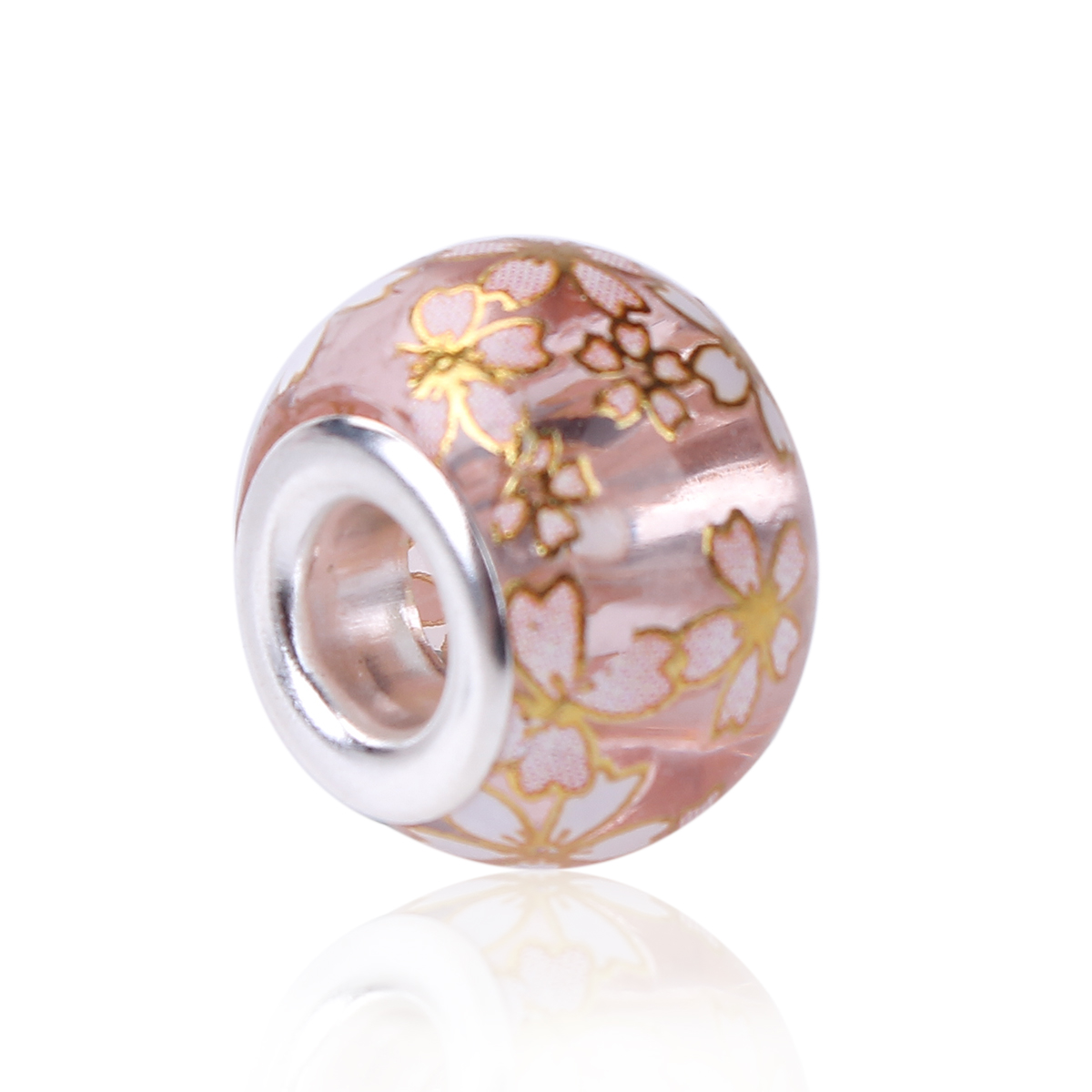 Picture of Glass Japan Painting Vintage Japanese Tensha European Style Large Hole Charm Beads Round Silver Plated Sakura Flower Light Pink Transparent About 14mm( 4/8") Dia, Hole: Approx 4.7mm, 5 PCs