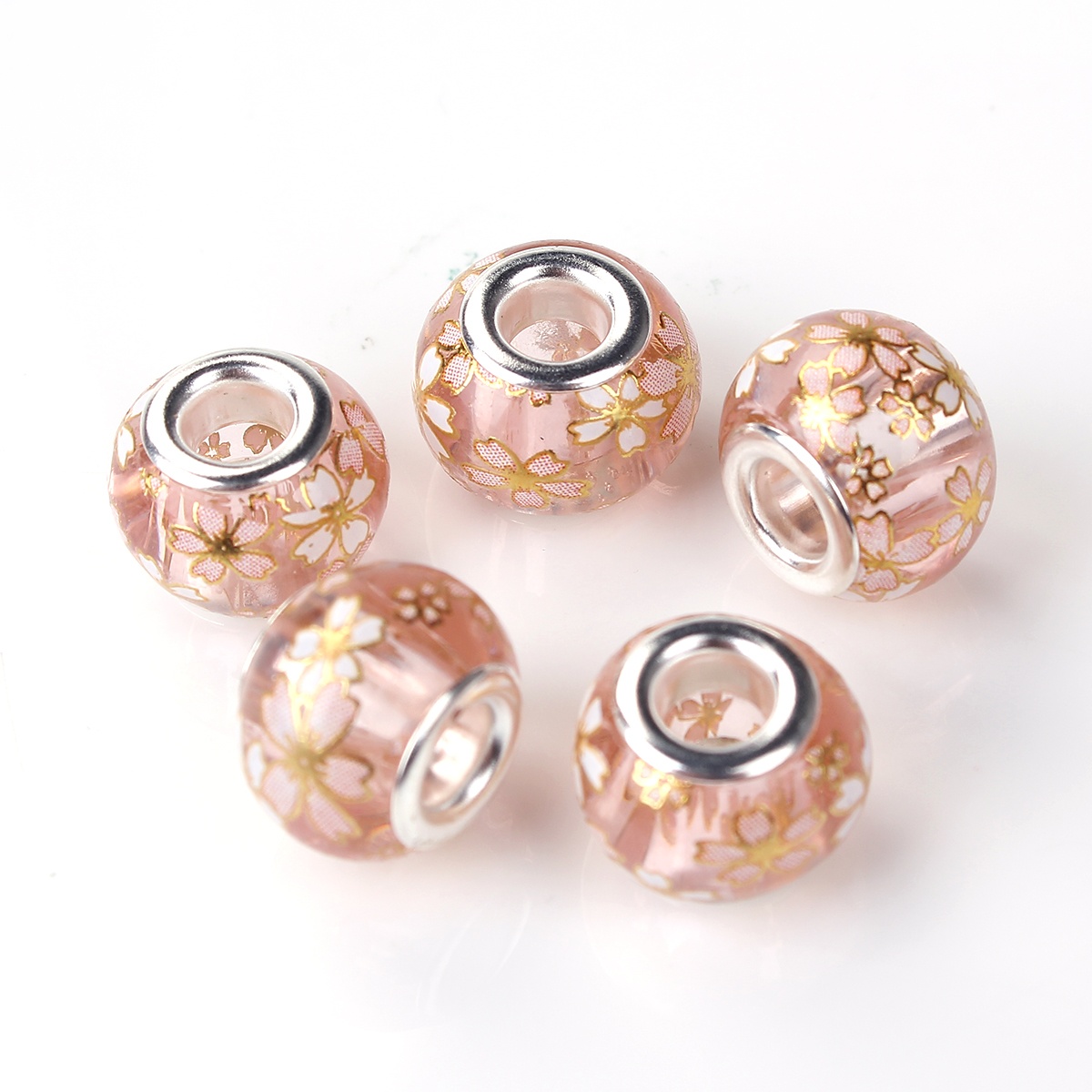 Picture of Glass Japan Painting Vintage Japanese Tensha European Style Large Hole Charm Beads Round Silver Plated Sakura Flower Light Pink Transparent About 14mm( 4/8") Dia, Hole: Approx 4.7mm, 5 PCs