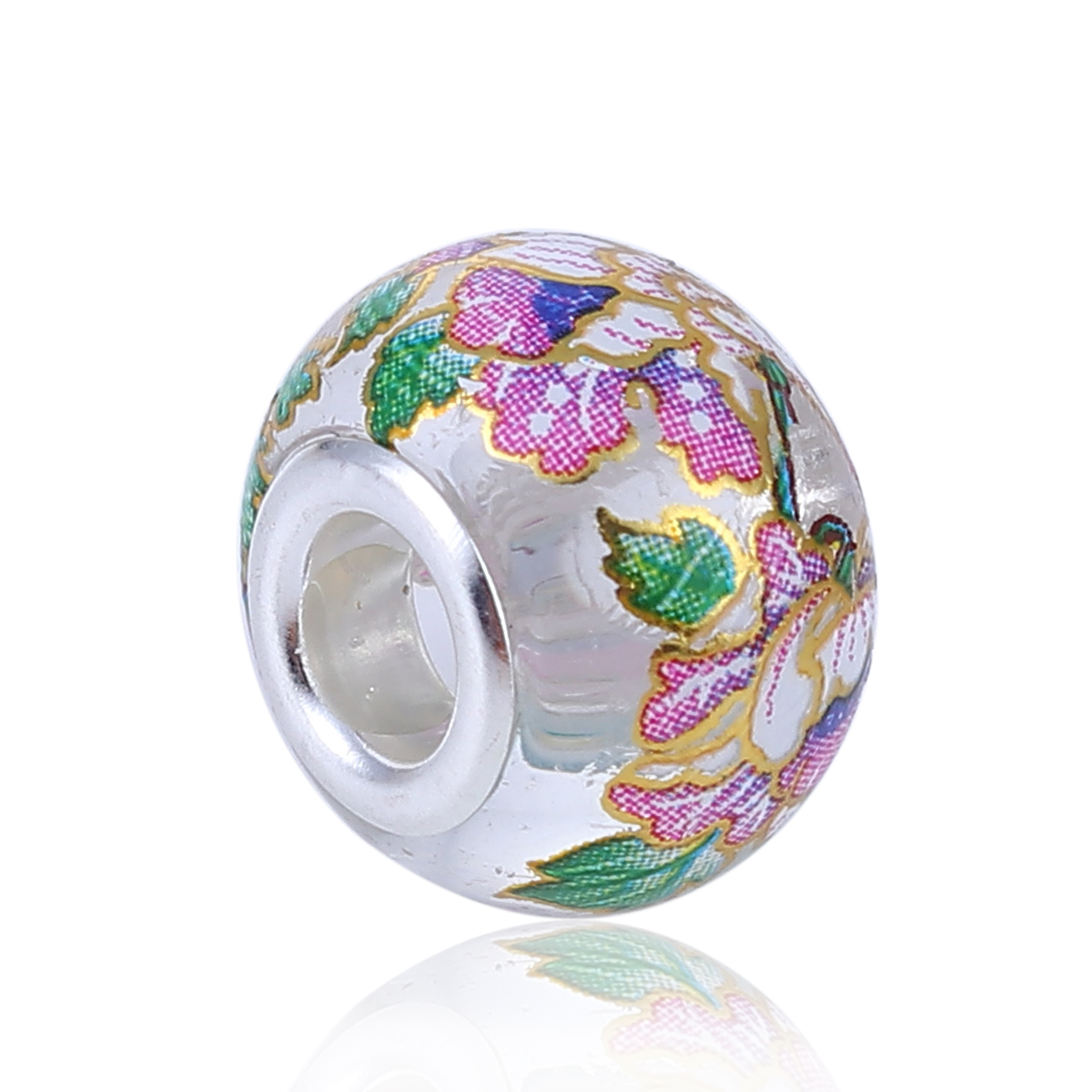 Picture of Glass Japan Painting Vintage Japanese Tensha European Style Large Hole Charm Beads Round Silver Plated Morning Glory Flower Transparent Clear About 14mm( 4/8") Dia, Hole: Approx 4.7mm, 5 PCs