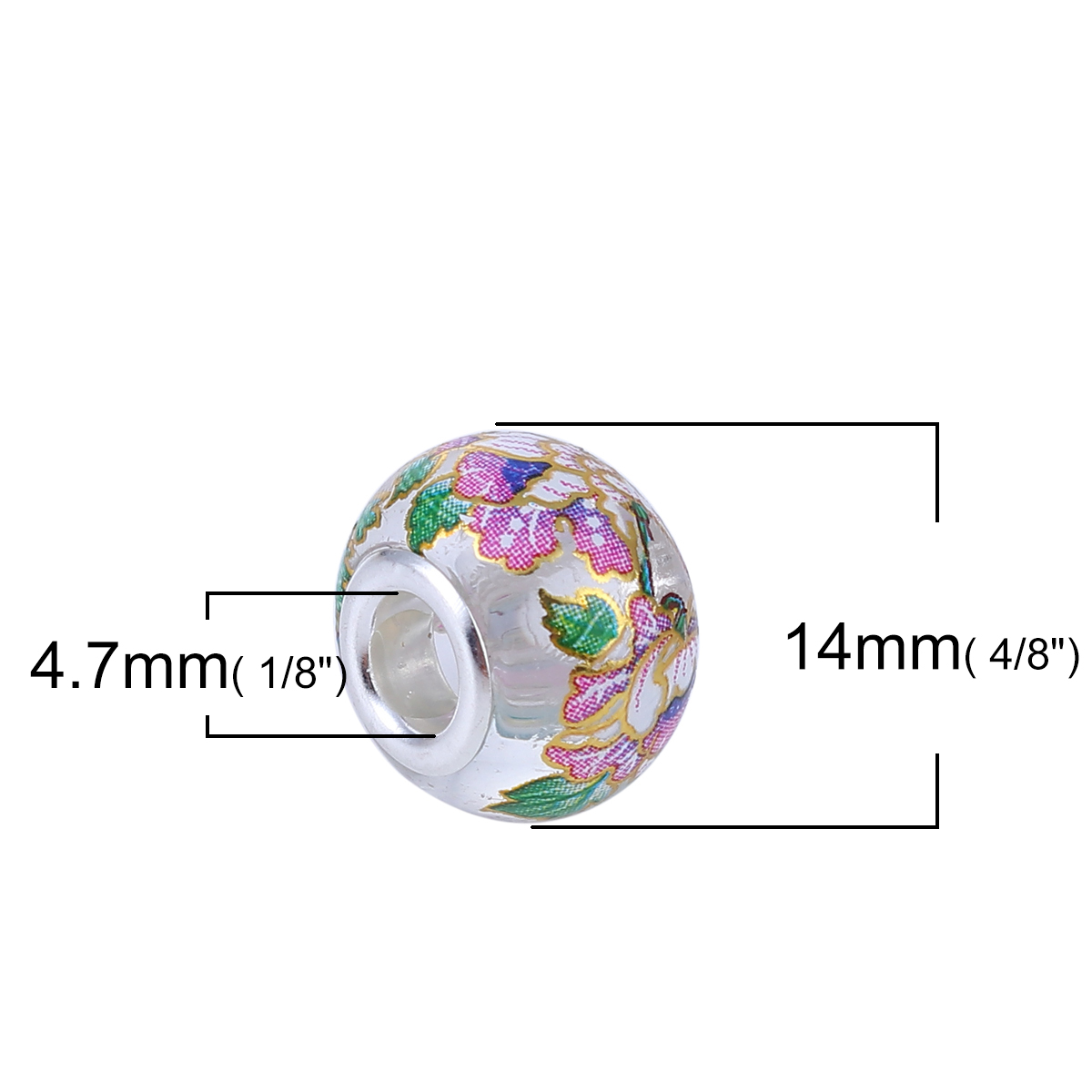Picture of Glass Japan Painting Vintage Japanese Tensha European Style Large Hole Charm Beads Round Silver Plated Morning Glory Flower Transparent Clear About 14mm( 4/8") Dia, Hole: Approx 4.7mm, 5 PCs
