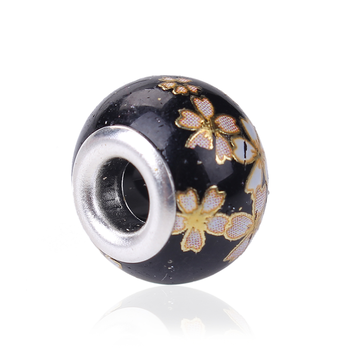 Picture of Glass Japan Painting Vintage Japanese Tensha European Style Large Hole Charm Beads Round Silver Plated Sakura Flower Black About 14mm( 4/8") Dia, Hole: Approx 4.7mm, 5 PCs