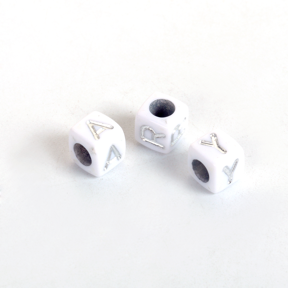 Picture of Acrylic Beads Square White & Silver At Random Initial Alphabet/ Letter Pattern About 6mm x 6mm, Hole: Approx 3.4mm, 500 PCs