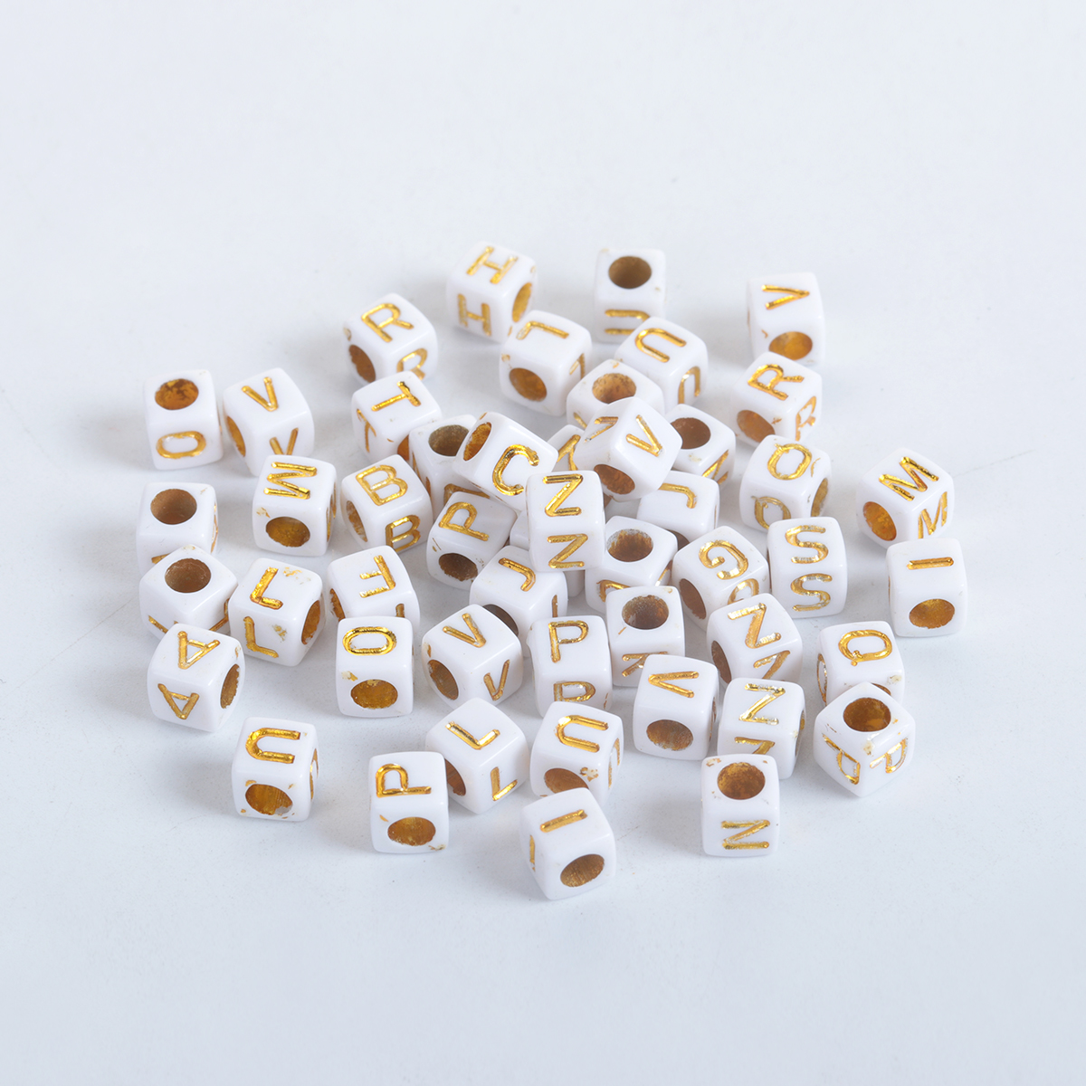 Picture of Acrylic Beads Square White & Gold At Random Initial Alphabet/ Letter Pattern About 6mm x 6mm, Hole: Approx 3.4mm, 500 PCs