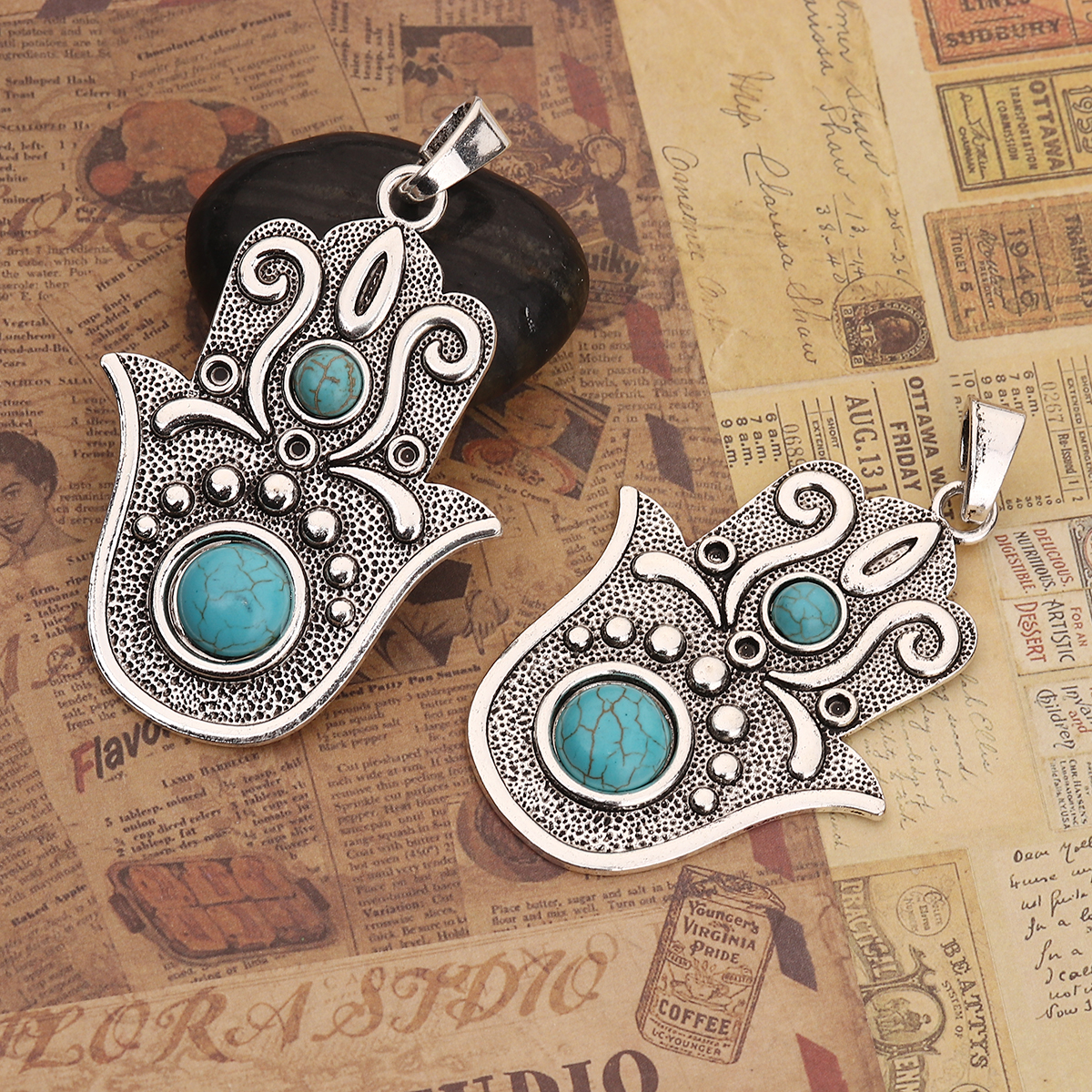 Picture of Zinc Based Alloy & Acrylic Boho Chic Pendants Hamsa Symbol Hand Antique Silver Color Green Blue (Can Hold 2.4mm Flat Back Rhinestone) 87mm(3 3/8") x 54mm(2 1/8"), 2 PCs