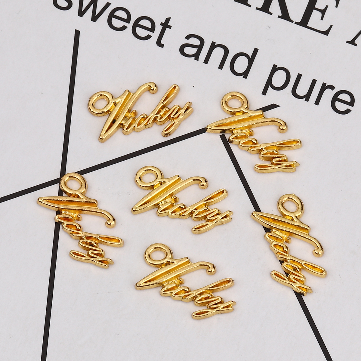 Picture of Zinc Based Alloy Resin Jewelry Tools Gold Plated Message " Vicky " 21mm( 7/8") x 11mm( 3/8"), 10 PCs