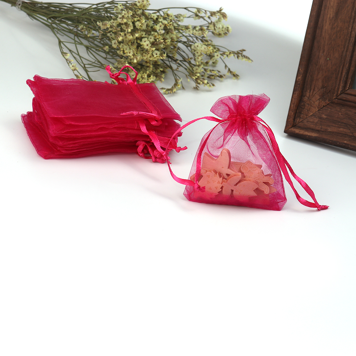 Picture of Wedding Gift Organza Jewelry Bags Drawstring Rectangle Fuchsia (Usable Space: 7x7cm) 9cm(3 4/8") x 7cm(2 6/8"), 50 PCs