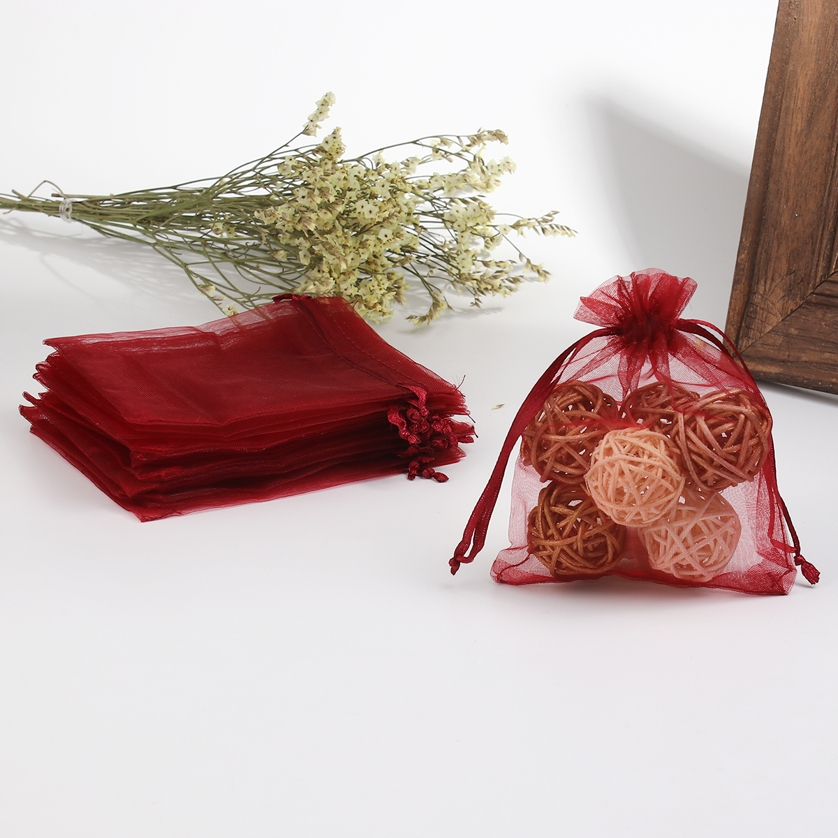 Picture of Wedding Gift Organza Jewelry Bags Drawstring Rectangle Wine Red (Usable Space: 9.5x9cm) 12cm(4 6/8") x 9cm(3 4/8"), 50 PCs
