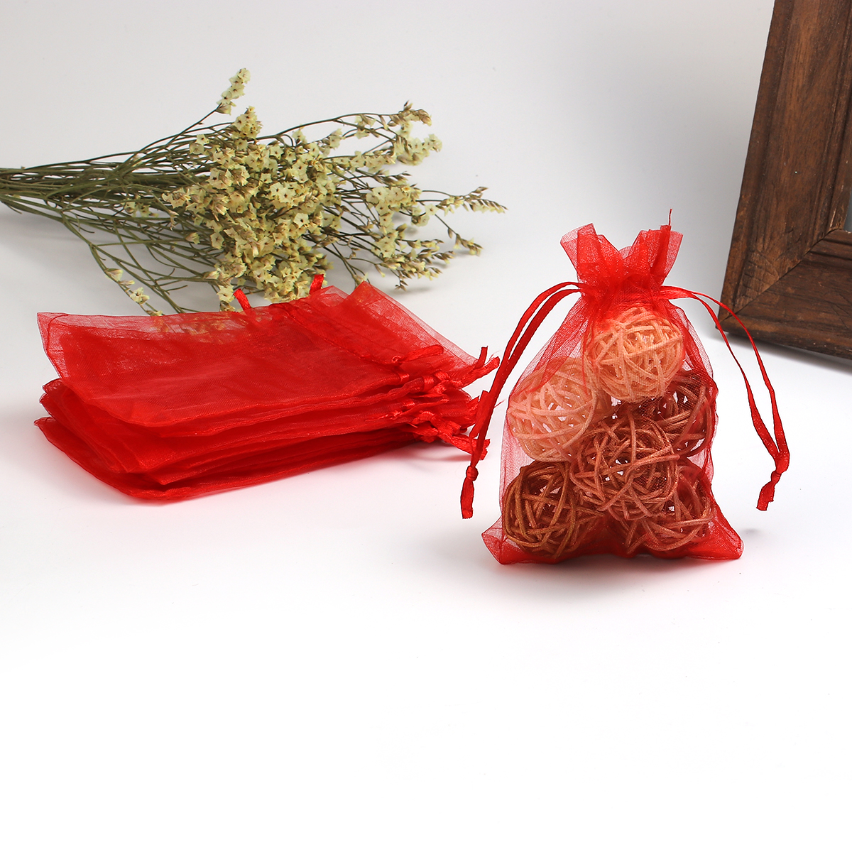 Picture of Wedding Gift Organza Jewelry Bags Drawstring Rectangle Red (Usable Space: 9.5x9cm) 12cm(4 6/8") x 9cm(3 4/8"), 50 PCs