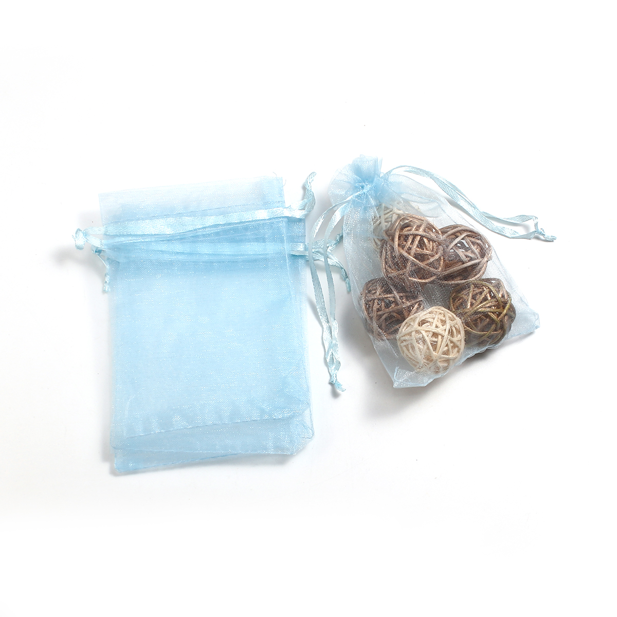 Picture of Wedding Gift Organza Jewelry Bags Drawstring Rectangle Light Blue (Usable Space: 9.5x9cm) 12cm(4 6/8") x 9cm(3 4/8"), 50 PCs
