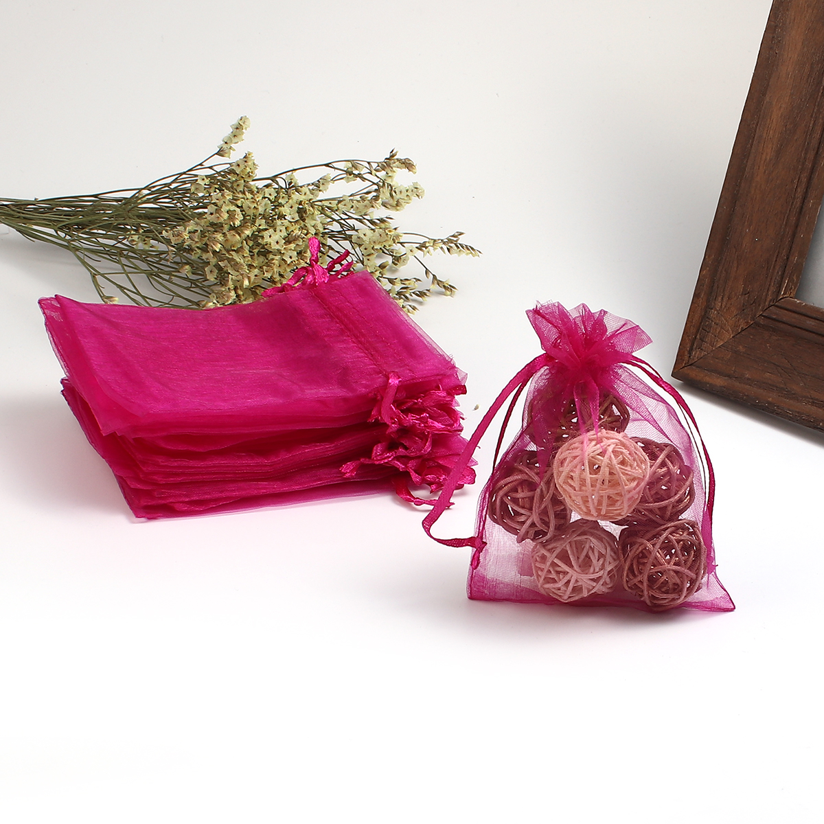 Picture of Wedding Gift Organza Jewelry Bags Drawstring Rectangle Fuchsia (Usable Space: 9.5x9cm) 12cm(4 6/8") x 9cm(3 4/8"), 50 PCs