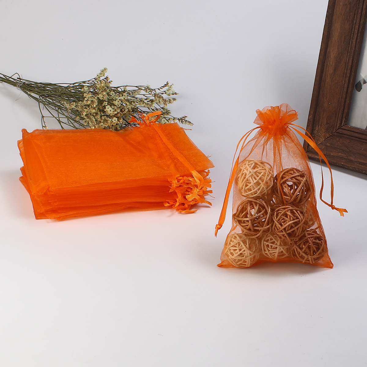 Picture of Wedding Gift Organza Jewelry Bags Drawstring Rectangle Orange (Usable Space: 13x10cm) 15cm(5 7/8") x 10cm(3 7/8"), 20 PCs