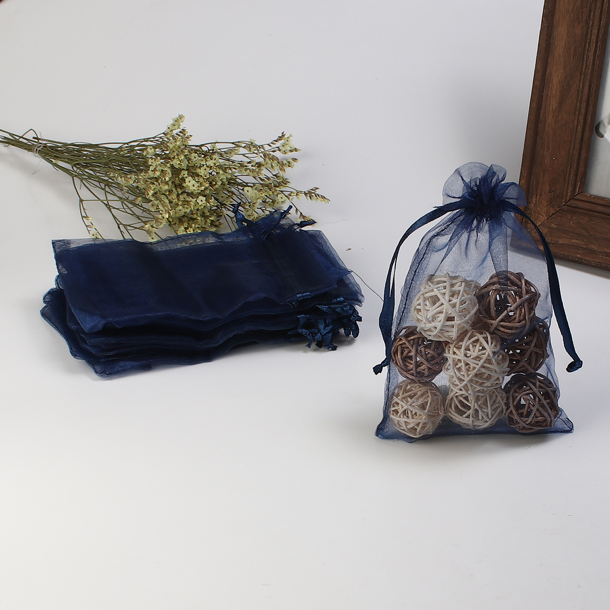 Picture of Wedding Gift Organza Jewelry Bags Drawstring Rectangle Navy Blue (Usable Space: 13x10cm) 15cm(5 7/8") x 10cm(3 7/8"), 20 PCs