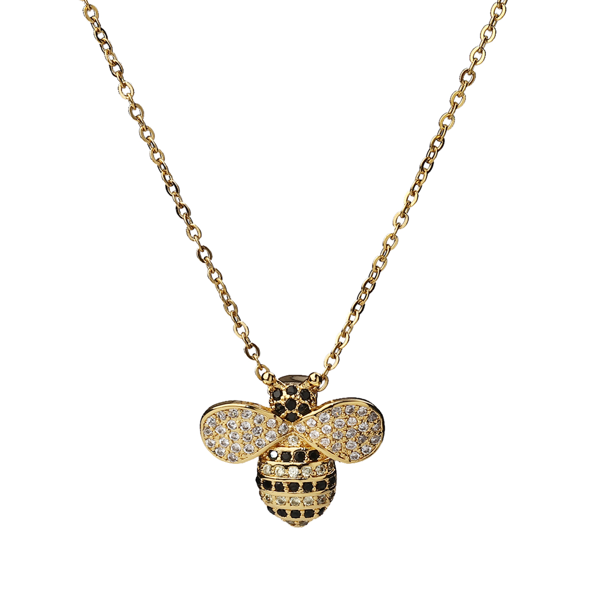 Picture of 304 Stainless Steel Necklace Gold Plated Bee Animal Black Rhinestone 45.5cm(17 7/8") long, 1 Piece
