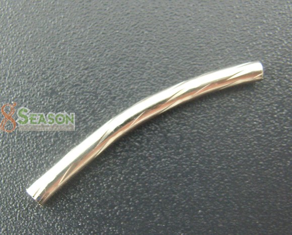 Picture of Copper Spacer Beads Curved Tube Silver Tone About 25mm(1") x 2mm( 1/8"), Hole:Approx 1.5mm, 300 PCs