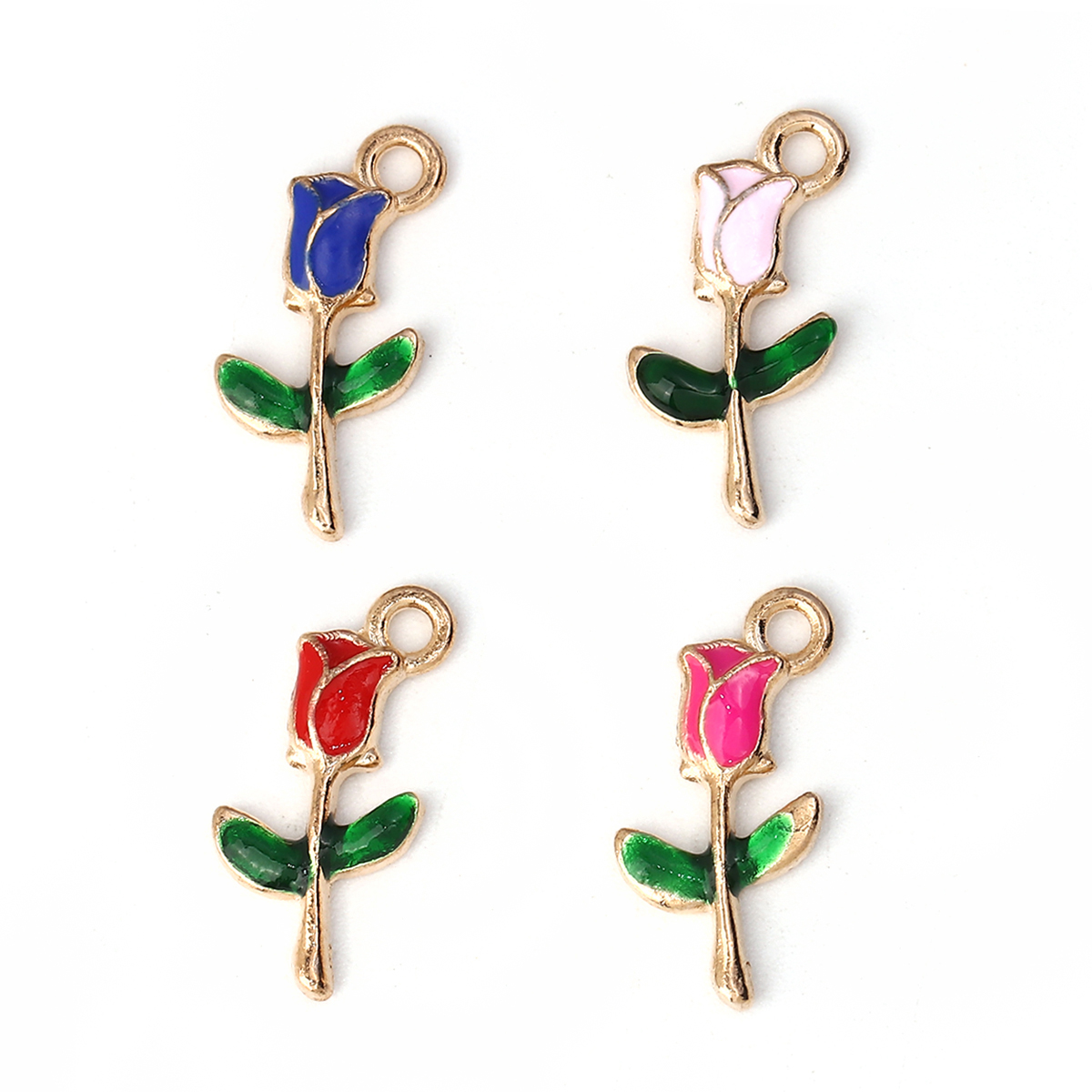 Picture of Zinc Based Alloy Charms Rose Flower Gold Plated Red & Green Enamel 19mm( 6/8") x 10mm( 3/8"), 30 PCs