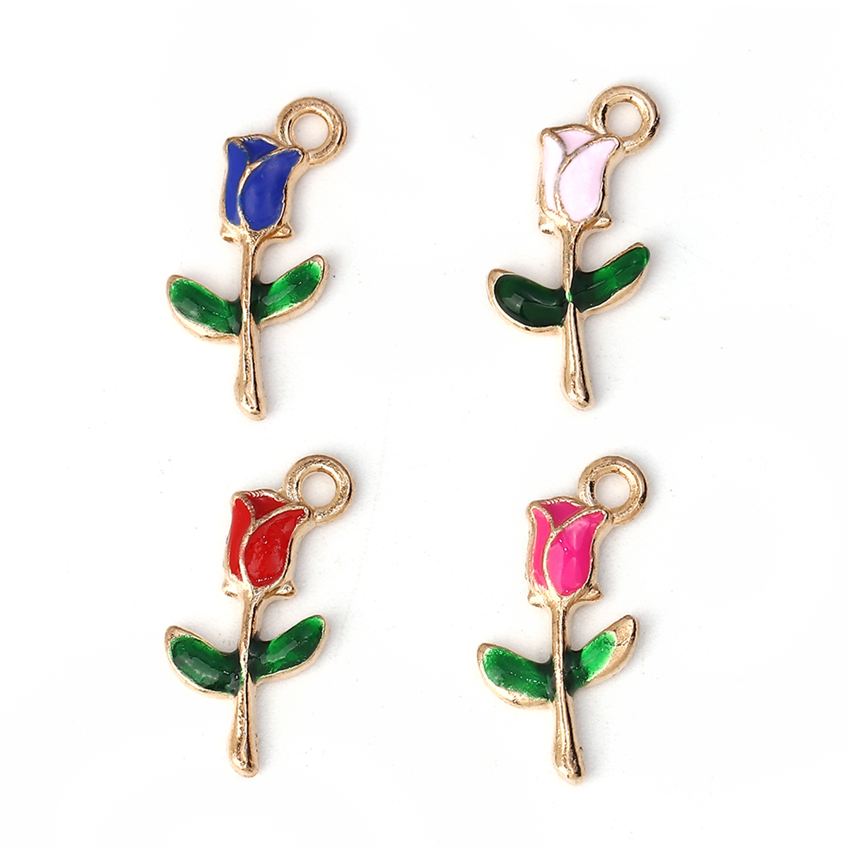 Picture of Zinc Based Alloy Charms Rose Flower Gold Plated Hot Pink Enamel 19mm( 6/8") x 10mm( 3/8"), 30 PCs