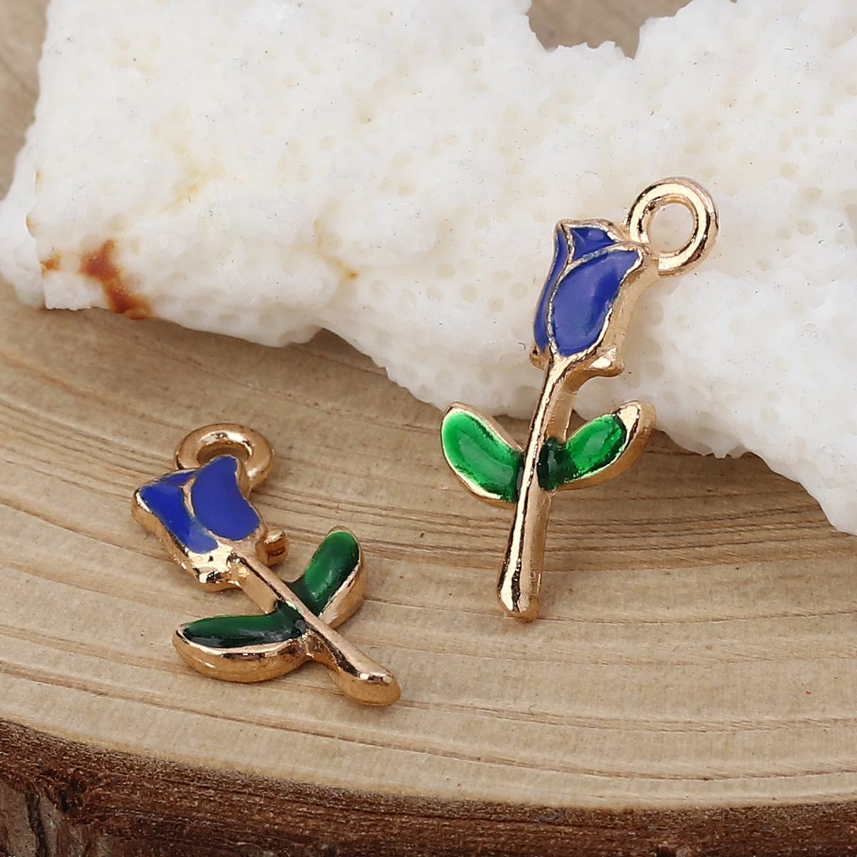 Picture of Zinc Based Alloy Charms Rose Flower Gold Plated Royal Blue Enamel 19mm( 6/8") x 10mm( 3/8"), 30 PCs