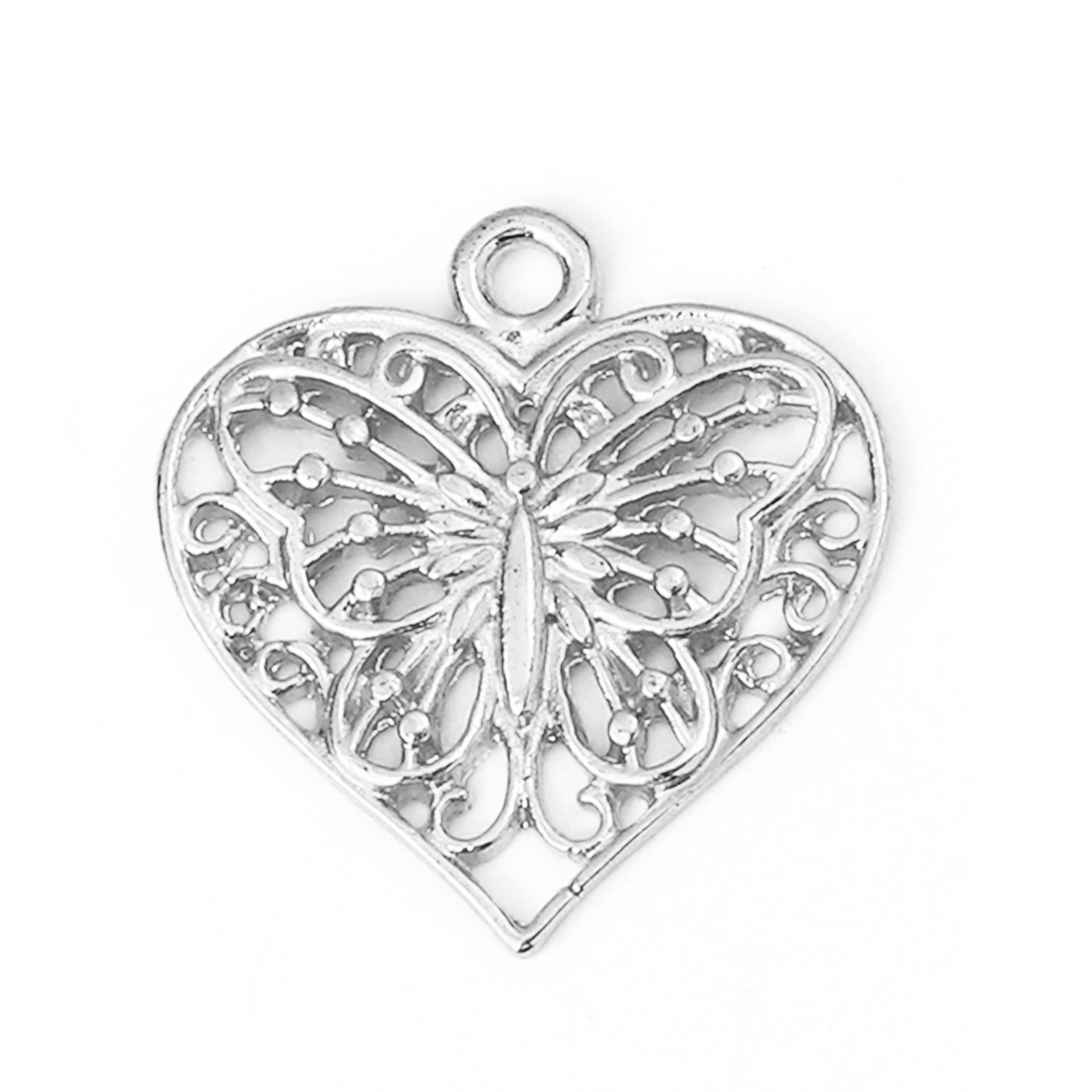 Picture of Zinc Based Alloy Charms Heart Silver Tone Butterfly 23mm( 7/8") x 22mm( 7/8"), 30 PCs