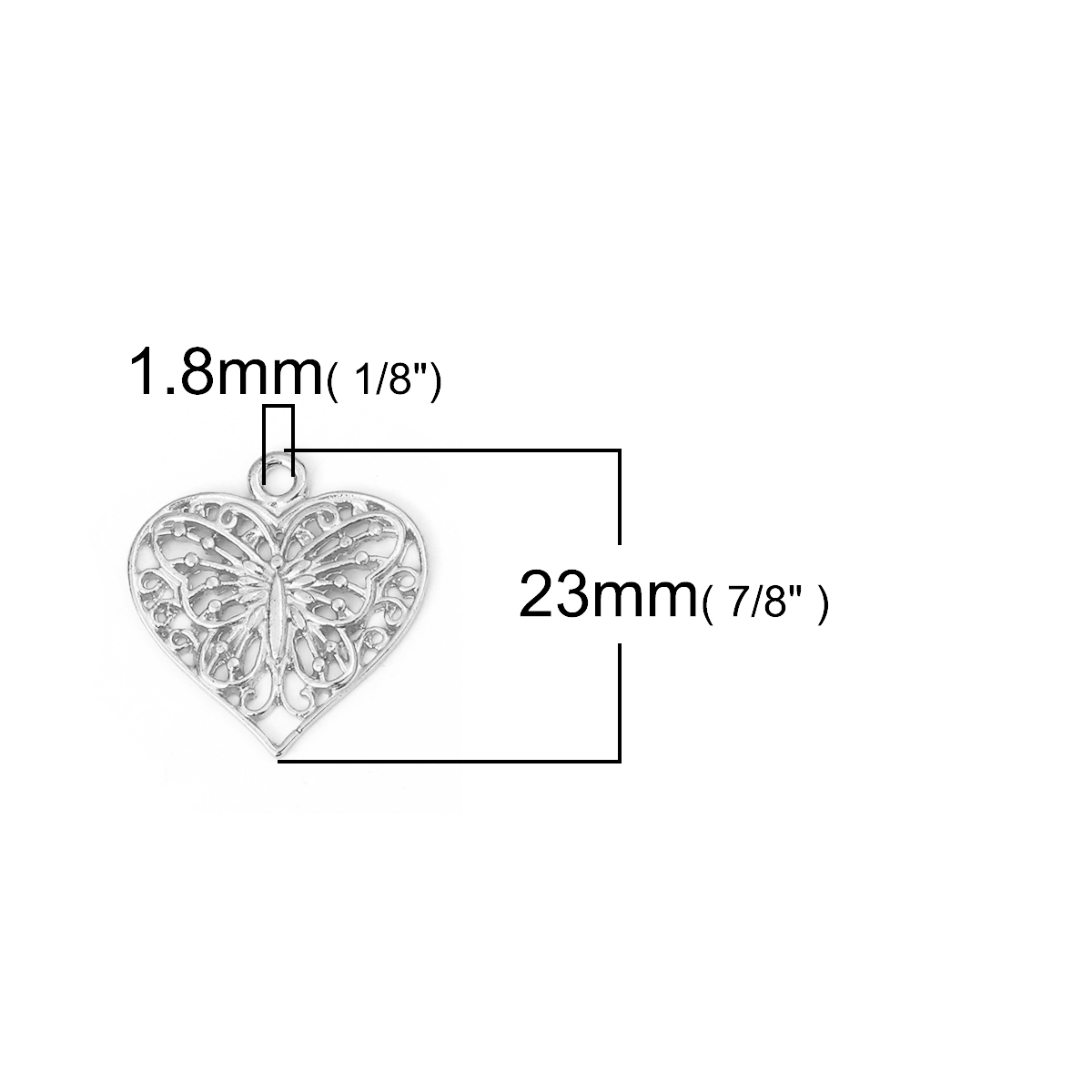 Picture of Zinc Based Alloy Charms Heart Silver Tone Butterfly 23mm( 7/8") x 22mm( 7/8"), 30 PCs