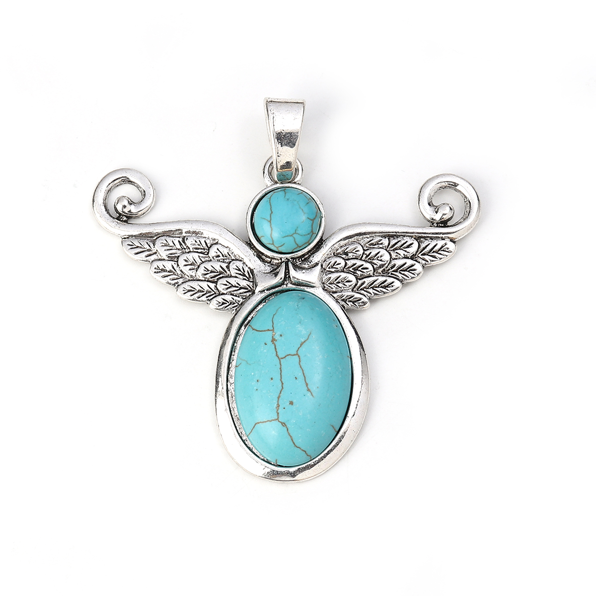 Picture of Zinc Based Alloy & Resin Boho Chic Pendants Angel Antique Silver Color Green Blue Oval Imitation Turquoise 72mm(2 7/8") x 70mm(2 6/8"), 2 PCs