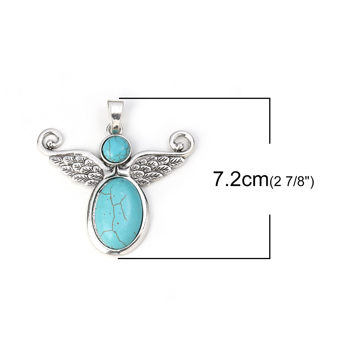 Picture of Zinc Based Alloy & Resin Boho Chic Pendants Angel Antique Silver Color Green Blue Oval Imitation Turquoise 72mm(2 7/8") x 70mm(2 6/8"), 2 PCs