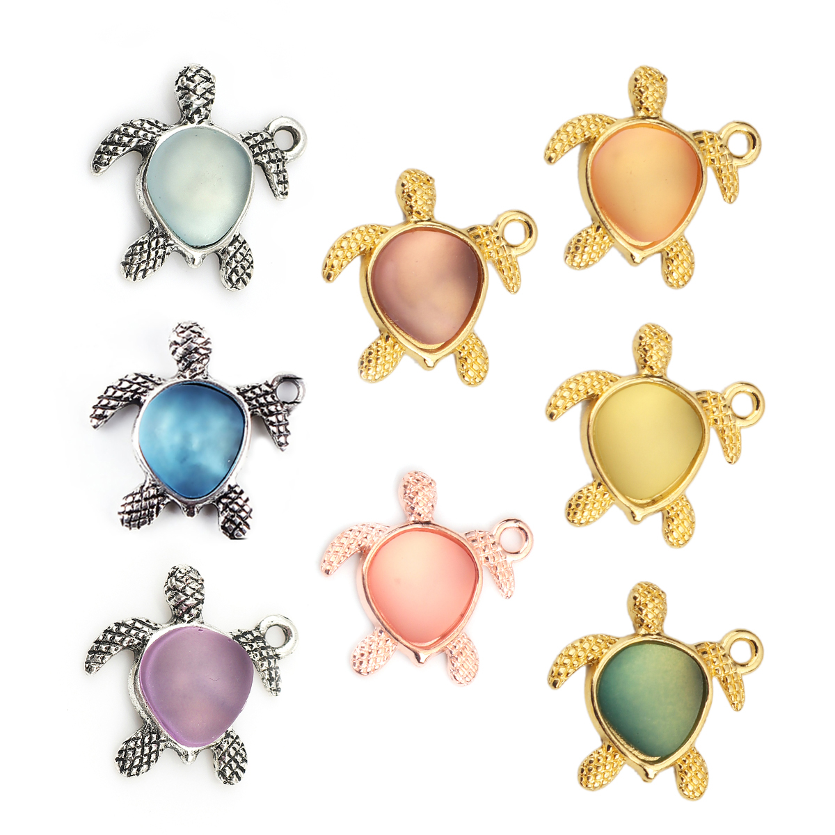 Picture of Zinc Based Alloy & Resin Ocean Jewelry Charms Sea Turtle Animal Antique Silver Light Blue 20mm( 6/8") x 19mm( 6/8"), 5 PCs