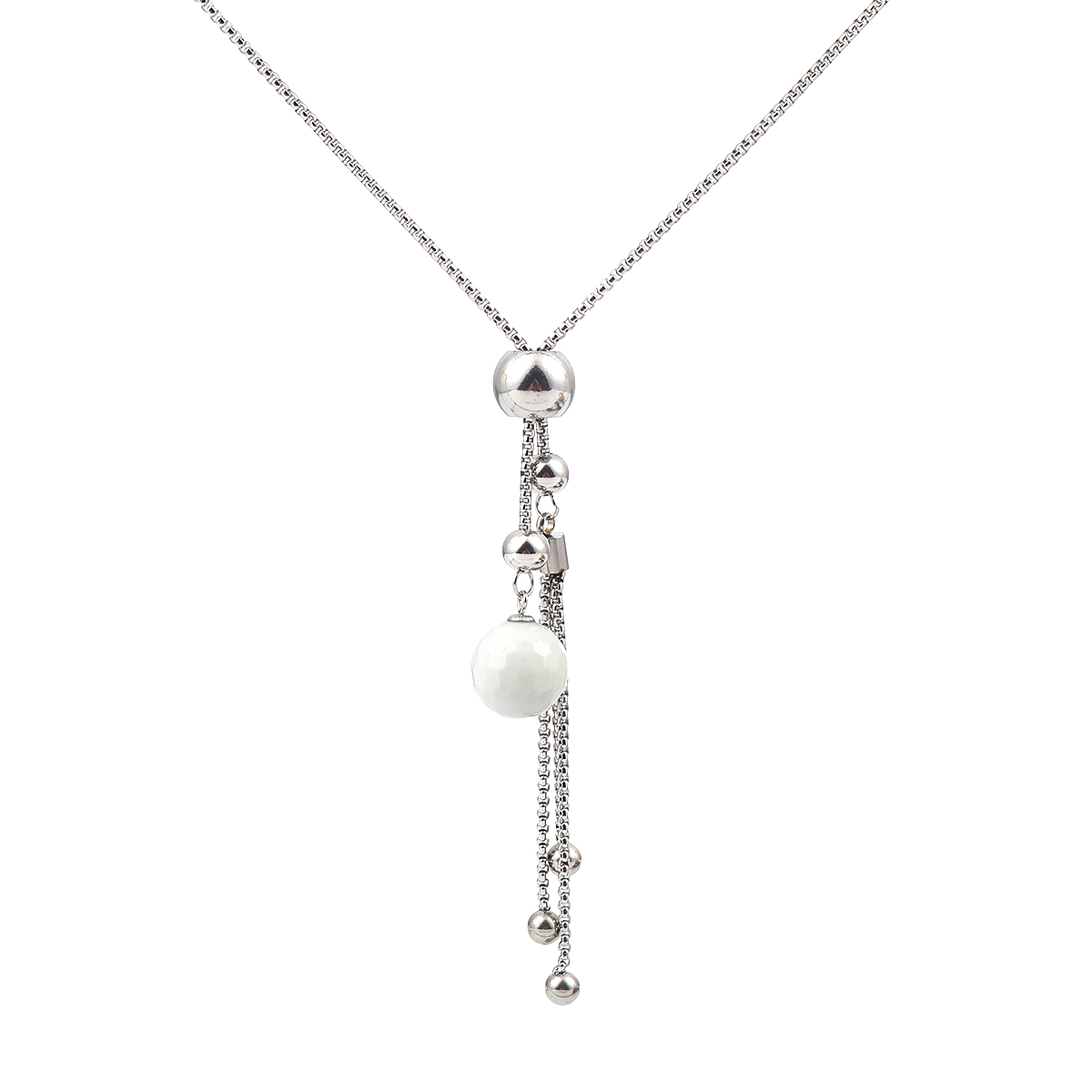 Picture of 304 Stainless Steel Adjustable Slider/ Slide Sweater Necklace Long Silver Tone Tassel White Round Faceted 73cm(28 6/8") long, 1 Piece