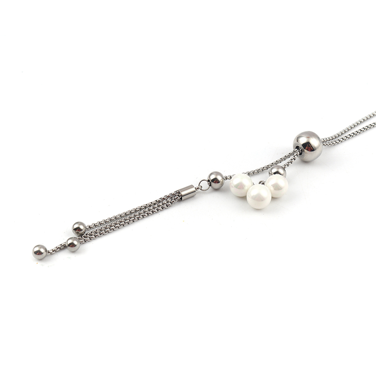 Picture of 304 Stainless Steel Adjustable Slider/ Slide Sweater Necklace Long Silver Tone Tassel Triple White Round Imitation Pearl 73cm(28 6/8") long, 1 Piece