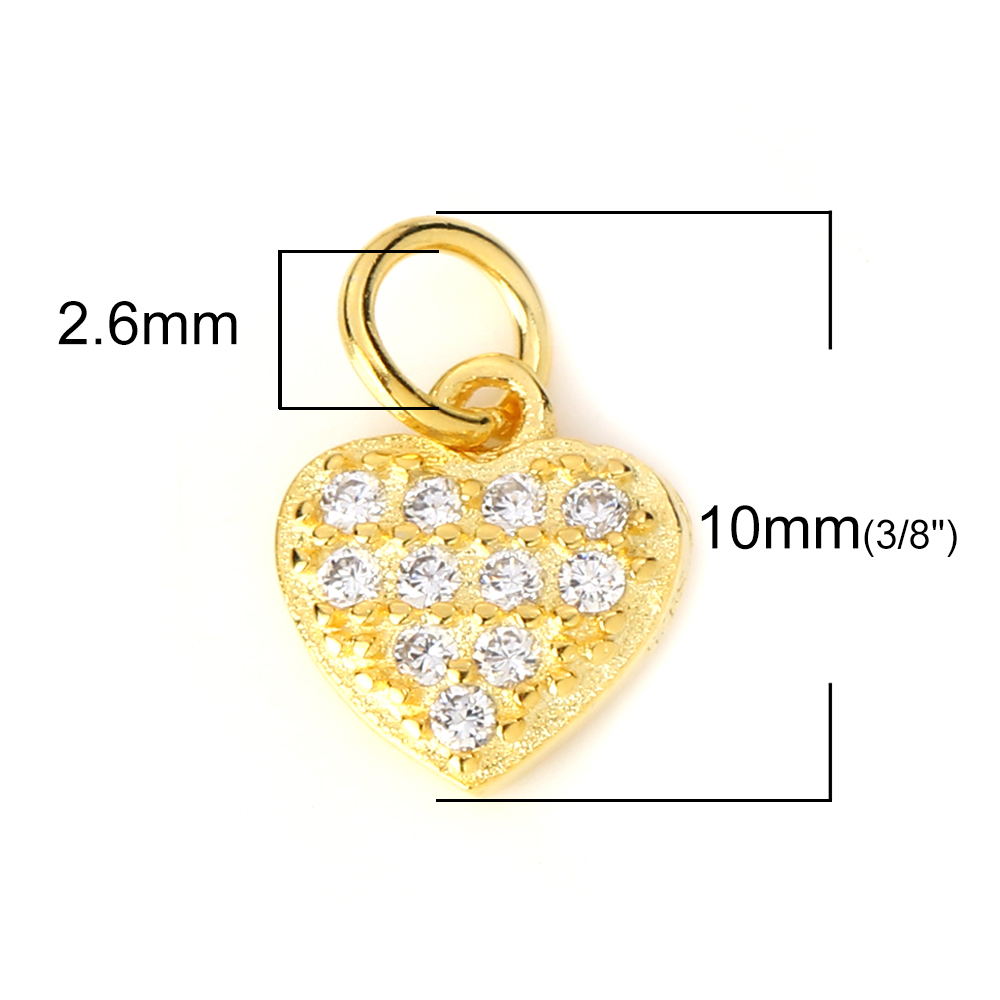 Picture of Sterling Silver Charms Gold Plated Heart Clear Rhinestone 10mm( 3/8") x 7mm( 2/8"), 1 Piece