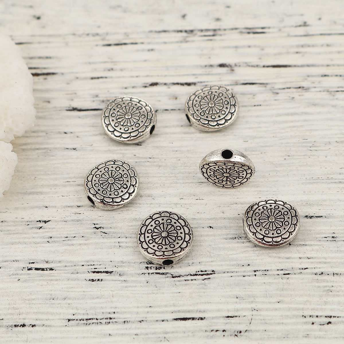 Picture of Zinc Based Alloy Spacer Beads Round Antique Silver Carved About 10mm Dia, Hole: Approx 1.9mm, 100 PCs