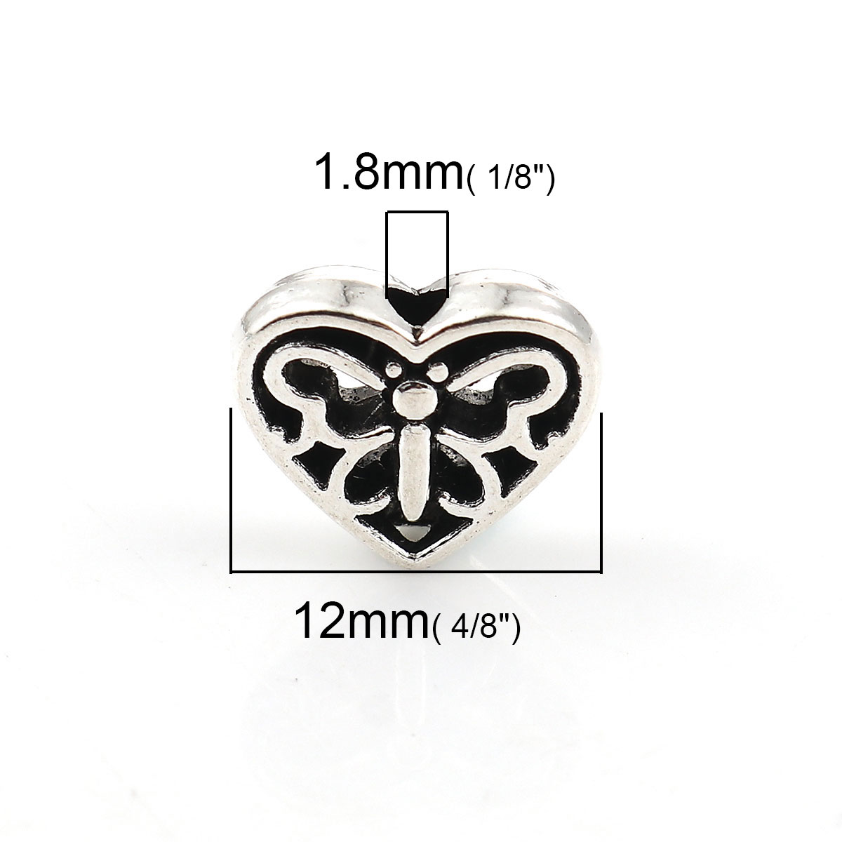 Picture of Zinc Based Alloy Spacer Beads Heart Antique Silver Butterfly 12mm x 10mm, Hole: Approx 1.8mm, 50 PCs