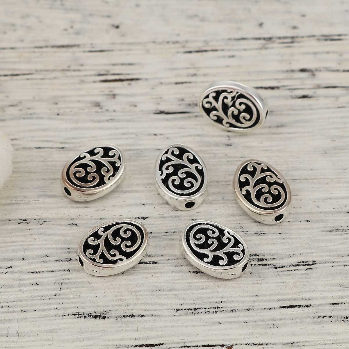Picture of Zinc Based Alloy Spacer Beads Oval Antique Silver Carved 12mm x 10mm, Hole: Approx 1.8mm, 50 PCs