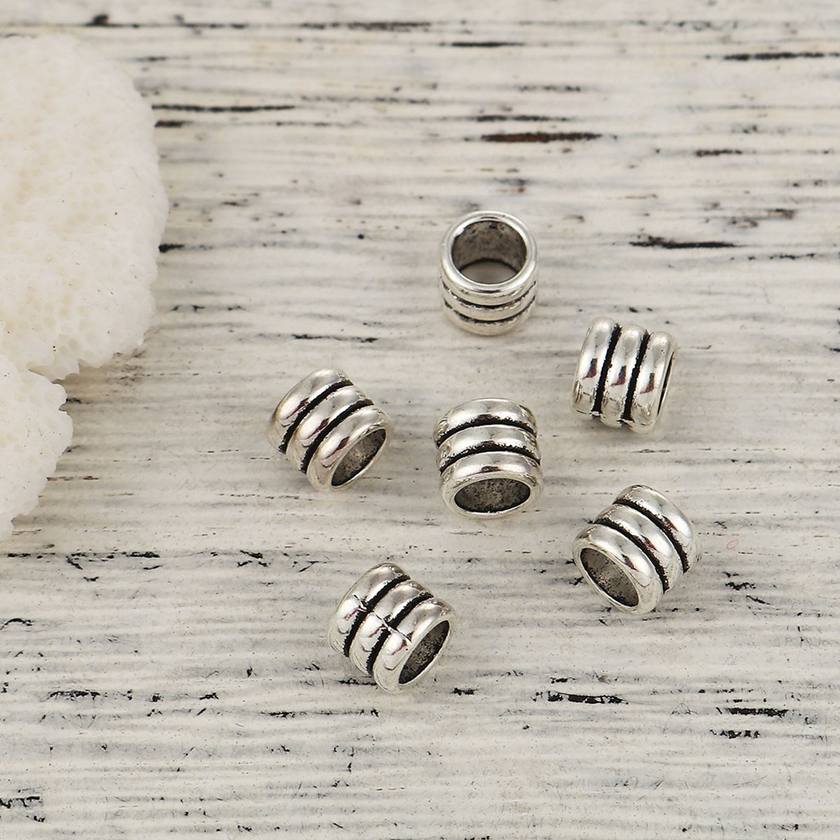 Picture of Zinc Based Alloy Spacer Beads Cylinder Antique Silver Stripe 6mm x 5mm, Hole: Approx 4.6mm, 100 PCs