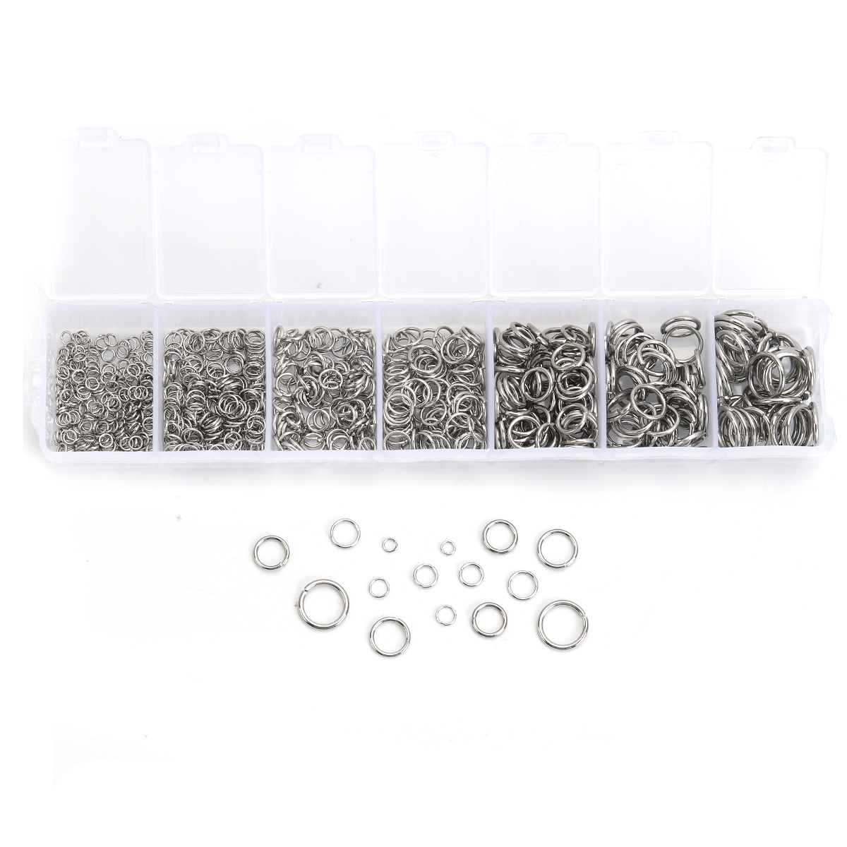 Picture of Stainless Steel Opened Jump Rings Findings Silver Tone Mixed 10mm Dia. - 3mm Dia., 1 Box (Approx 770 PCs/Box)
