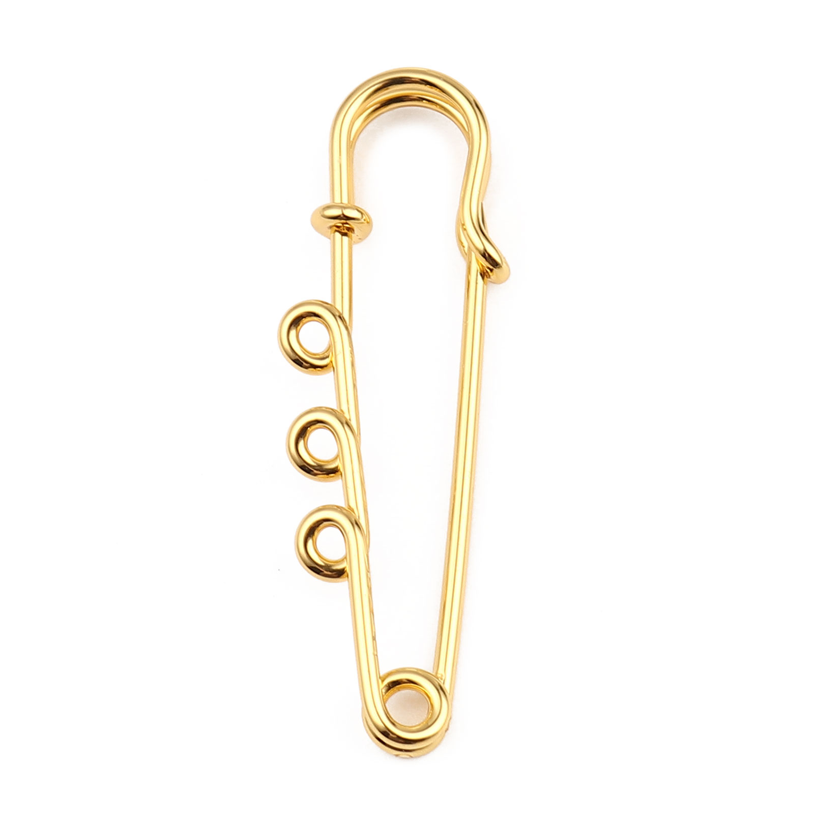 Picture of Iron Based Alloy Safety Pin Brooches Connectors Findings Gold Plated 3 Loops 50mm(2") x 17mm( 5/8"), 10 PCs