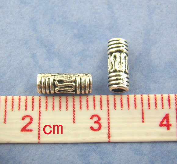 Picture of Zinc Based Alloy Spacer Beads Cylinder Antique Silver Carved About 8mm x 3mm, Hole:Approx 1.7mm, 200 PCs