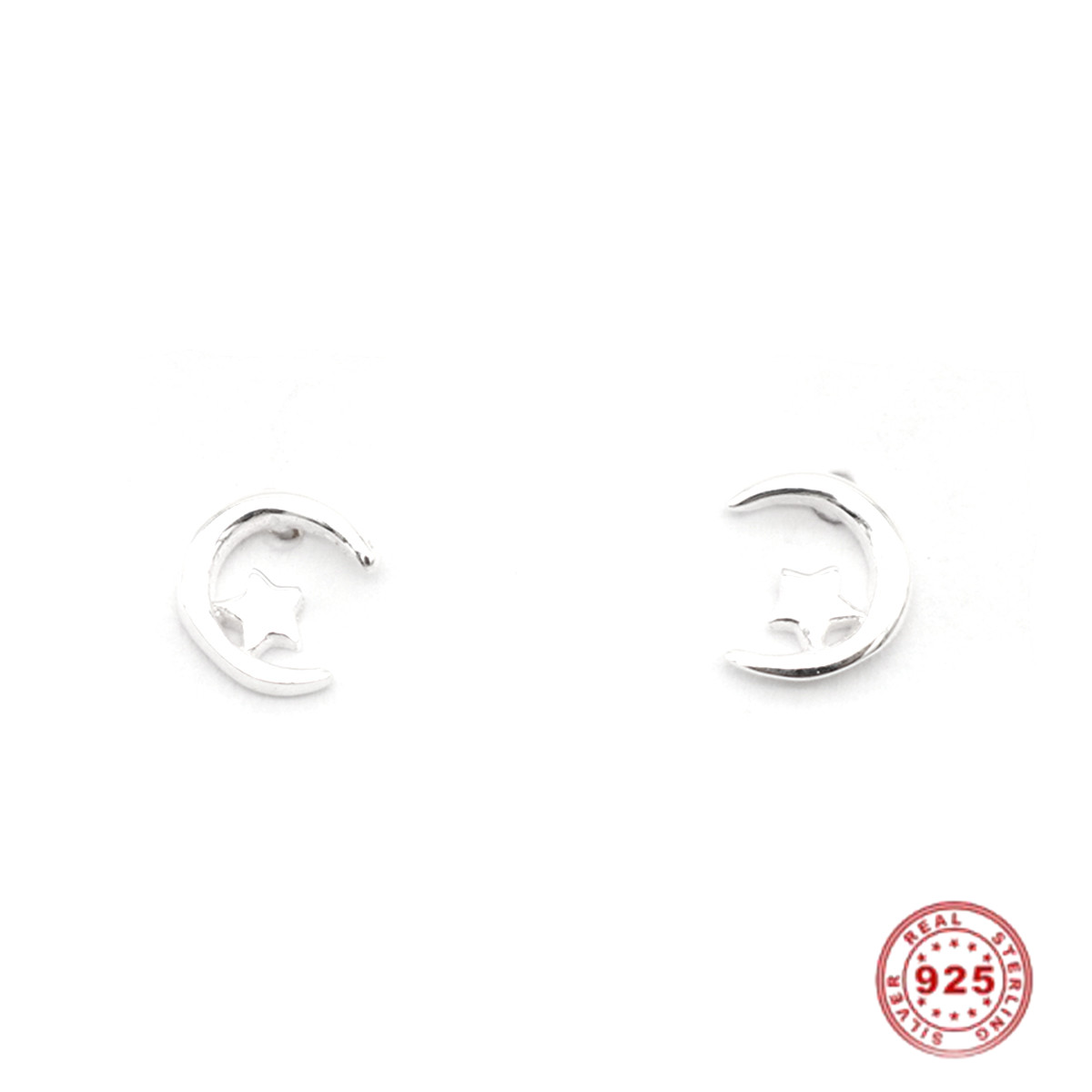 Picture of Sterling Silver Ear Post Stud Earrings Silver Half Moon Star 6mm x 5mm, Post/ Wire Size: (21 gauge), 1 Pair