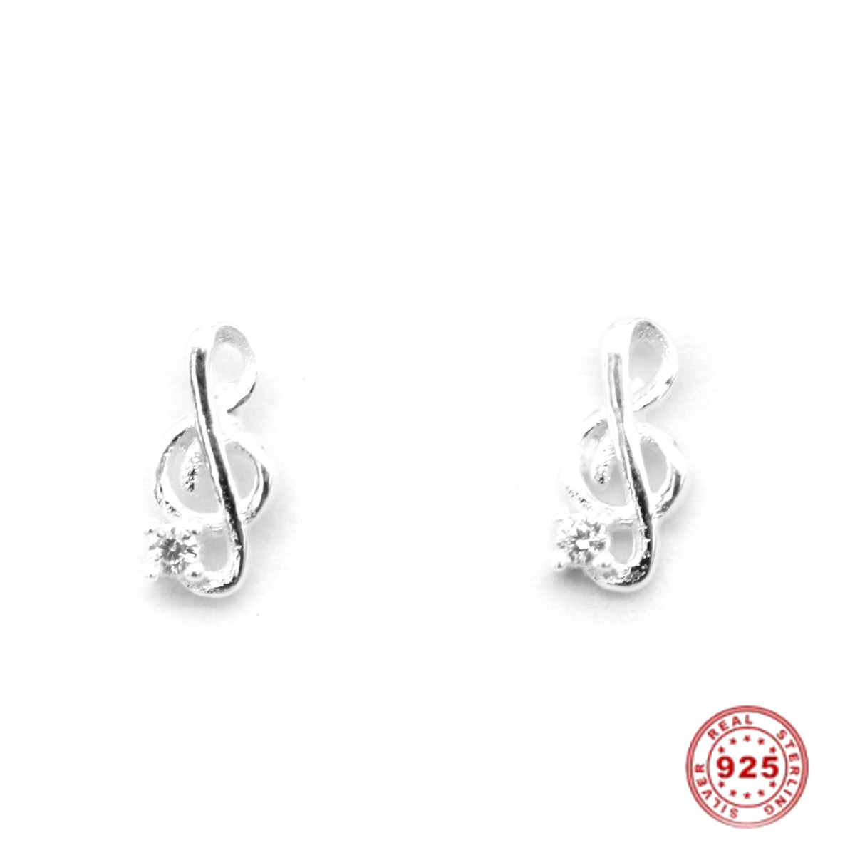 Picture of Sterling Silver Music Ear Post Stud Earrings Silver Musical Note Clear Rhinestone 8mm x 4mm, Post/ Wire Size: (21 gauge), 1 Pair