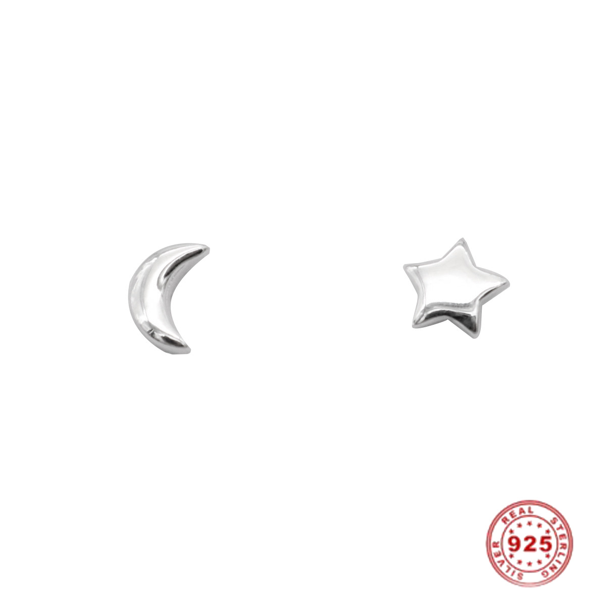 Picture of Sterling Silver Ear Post Stud Earrings Silver Half Moon Star 5mm x 2.8mm - 4mm x 4mm, Post/ Wire Size: (21 gauge), 1 Pair