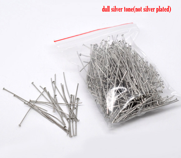 Picture of Alloy Head Pins Silver Tone 4.5cm(1 6/8") long, 0.7mm (21 gauge), 350 PCs