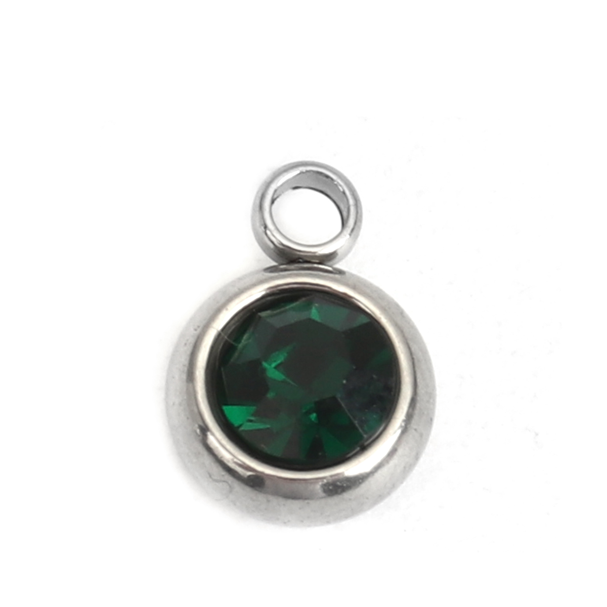 Picture of 304 Stainless Steel & Glass Charms Round Silver Tone Dark Green Faceted 8mm x 6mm, 20 PCs