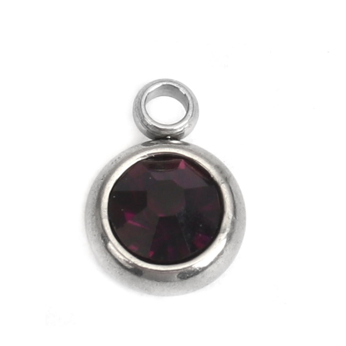 Picture of 304 Stainless Steel & Glass Charms Round Silver Tone Wine Red Faceted 8mm x 6mm, 20 PCs