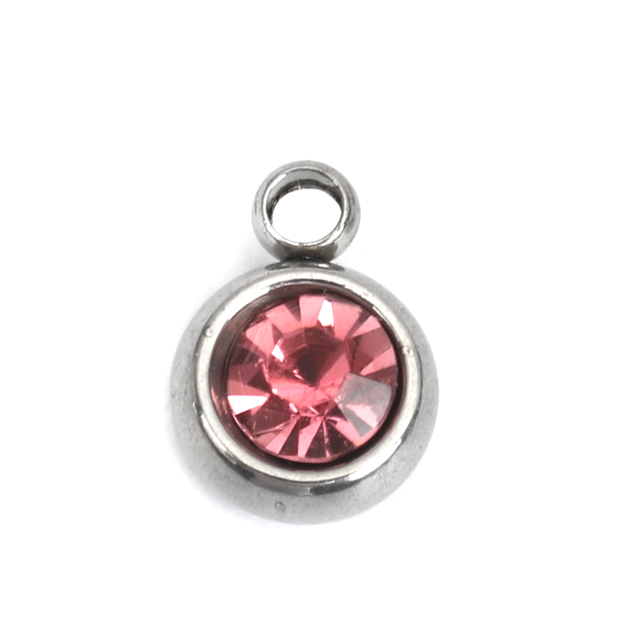 Picture of 304 Stainless Steel & Glass Charms Round Silver Tone Peach Pink Faceted 8mm x 6mm, 20 PCs