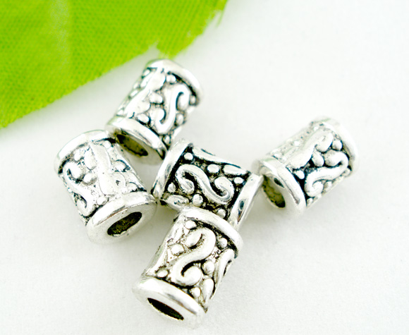 Picture of Zinc Based Alloy Spacer Beads Cylinder Antique Silver Carved About 9mm x 7mm, Hole:Approx 3.6mm, 30 PCs