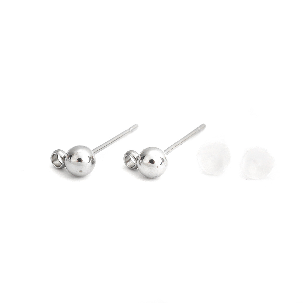 Picture of Stainless Steel Ear Post Stud Earrings Round Silver Tone W/ Loop 6mm x 4mm, Post/ Wire Size: (21 gauge), 20 PCs