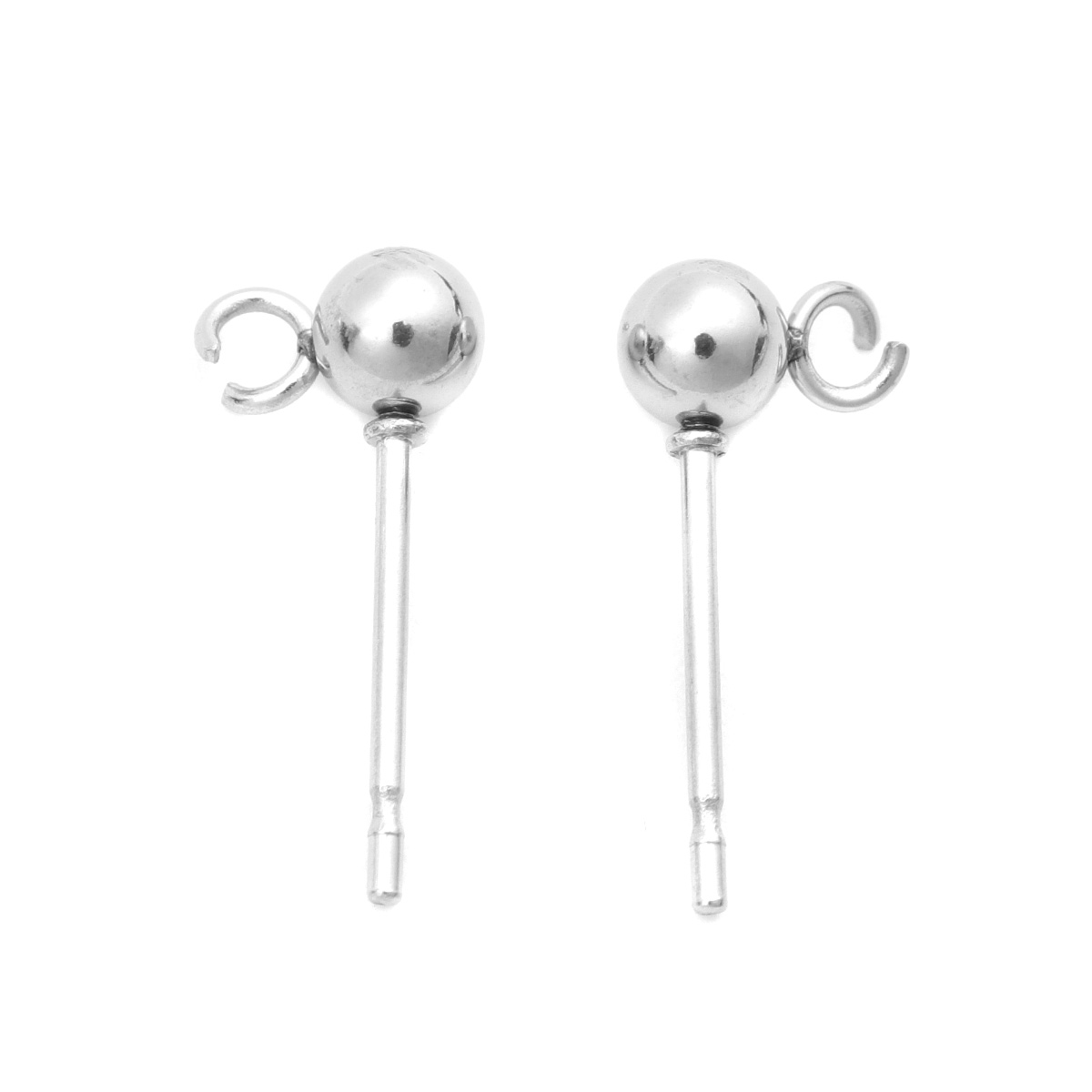 Picture of 304 Stainless Steel Ear Post Stud Earrings Ball Silver Tone W/ Loop 7mm x 4mm, Post/ Wire Size: (21 gauge), 100 PCs