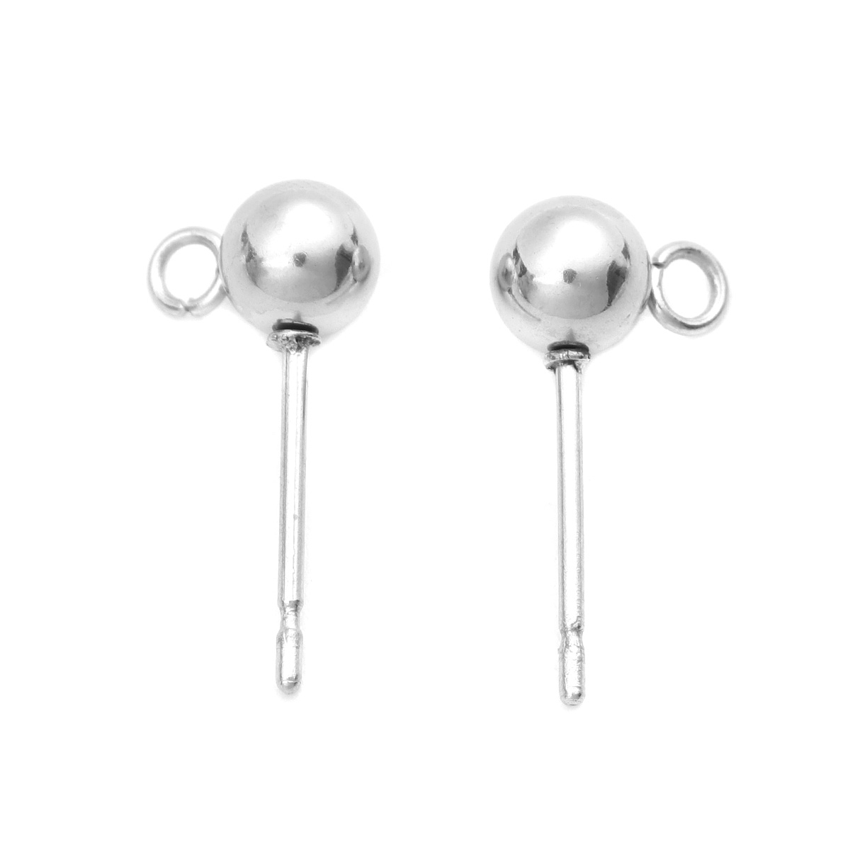 Picture of 304 Stainless Steel Ear Post Stud Earrings Ball Silver Tone W/ Loop 8mm x 5mm, Post/ Wire Size: (21 gauge), 10 PCs
