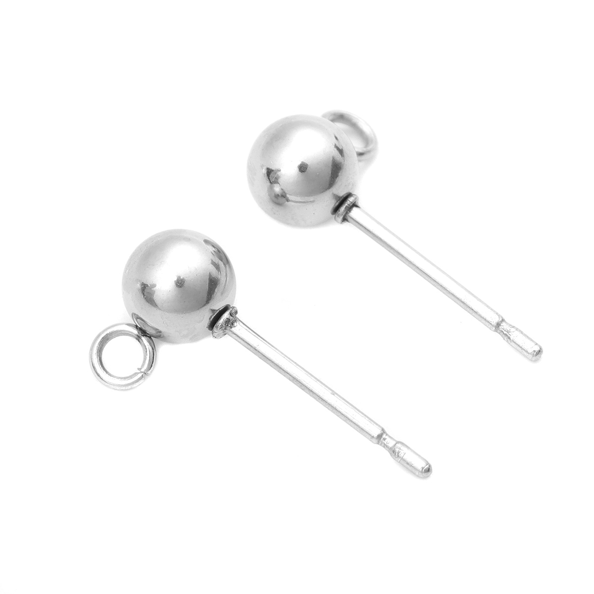 Picture of 304 Stainless Steel Ear Post Stud Earrings Ball Silver Tone W/ Loop 8mm x 5mm, Post/ Wire Size: (21 gauge), 10 PCs